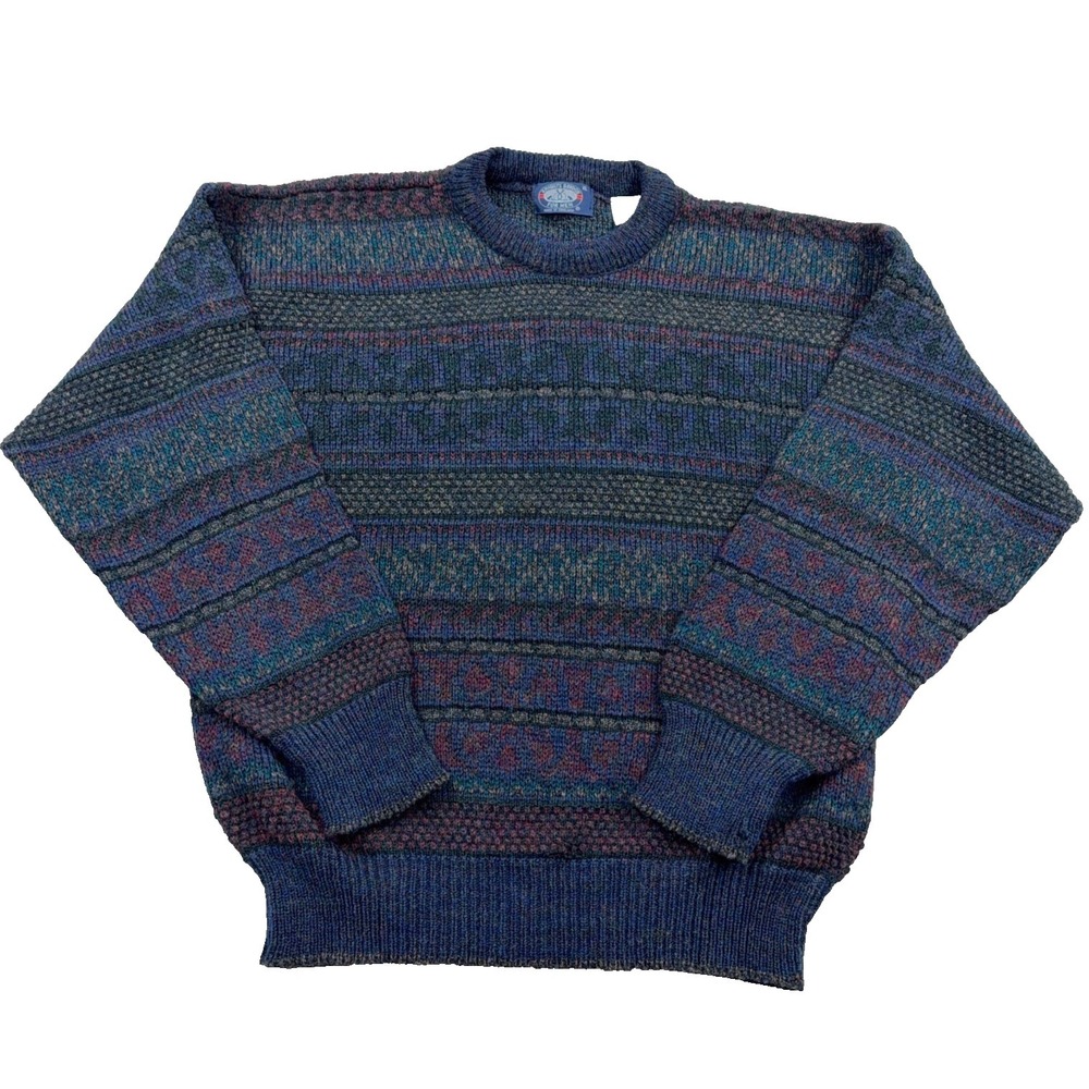 Vintage Grandpa Sweater Men XL Blue Geometric Striped Crewneck Wool Blend 90s